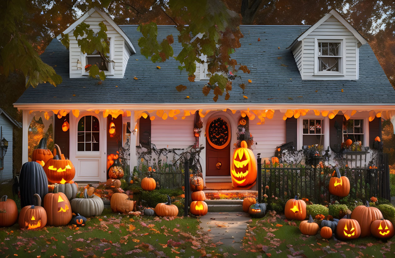 Suburban Home Halloween Decor with Pumpkins & Lights