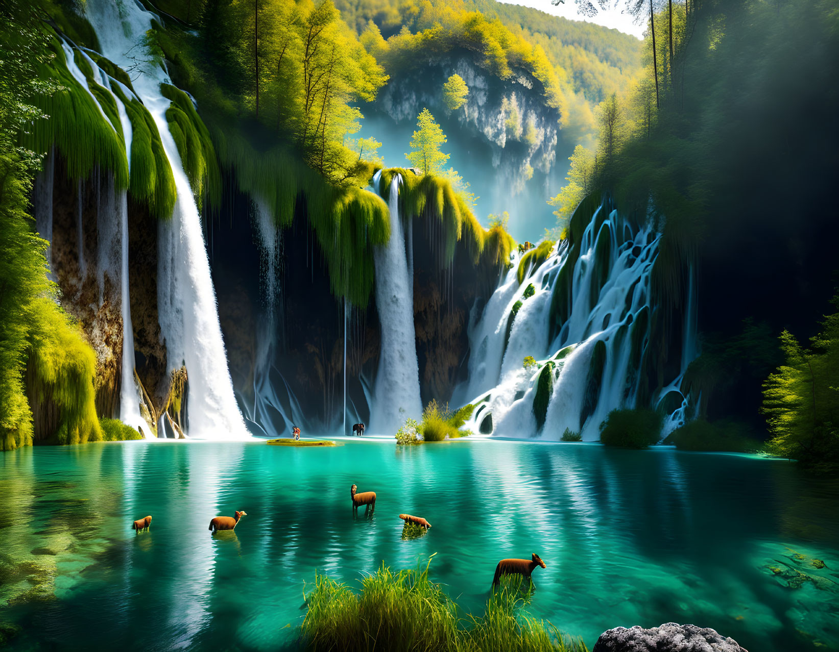 Multiple Waterfalls Flowing into Turquoise Lake with Deer in Lush Greenery