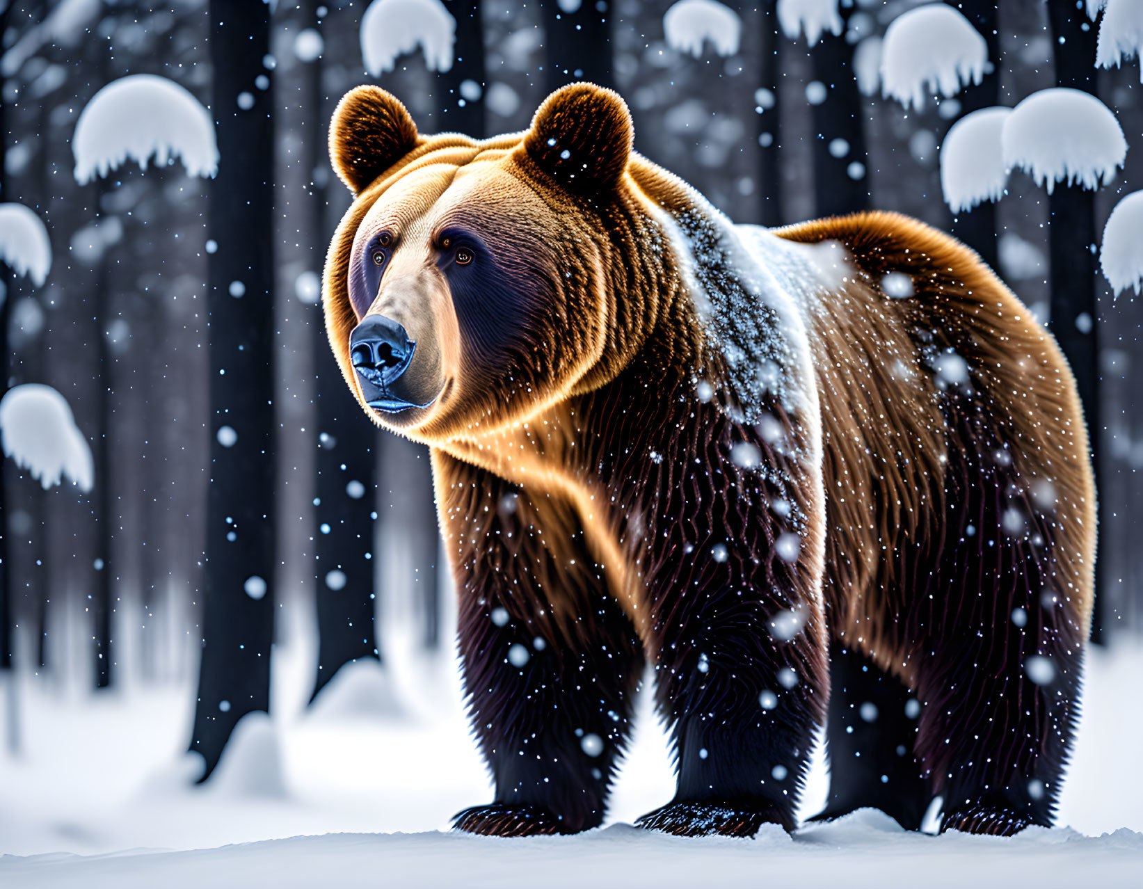 Brown Bear in Snowy Forest with Falling Snowflakes