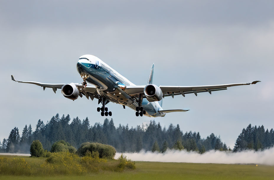 Commercial airplane taking off with landing gear down against cloudy sky