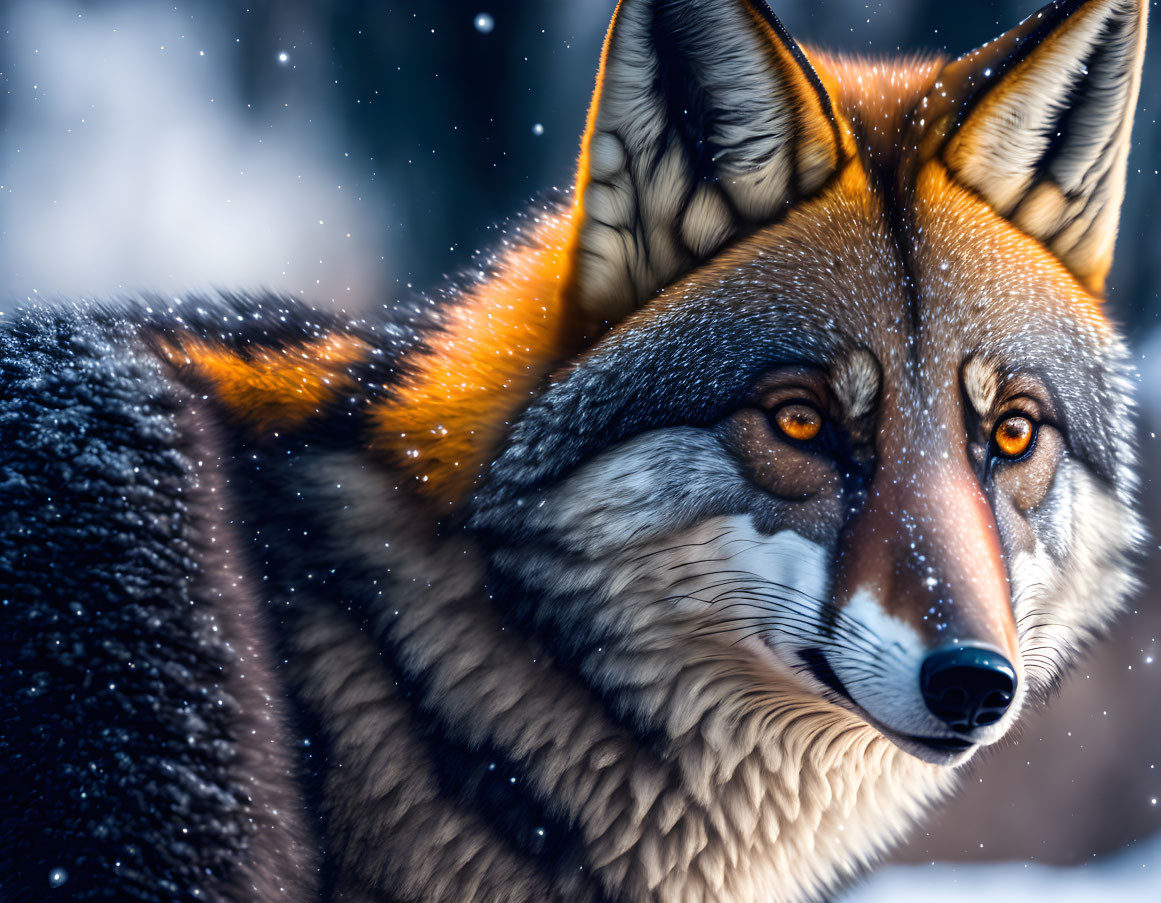 Vivid Orange Fox in Falling Snowflakes