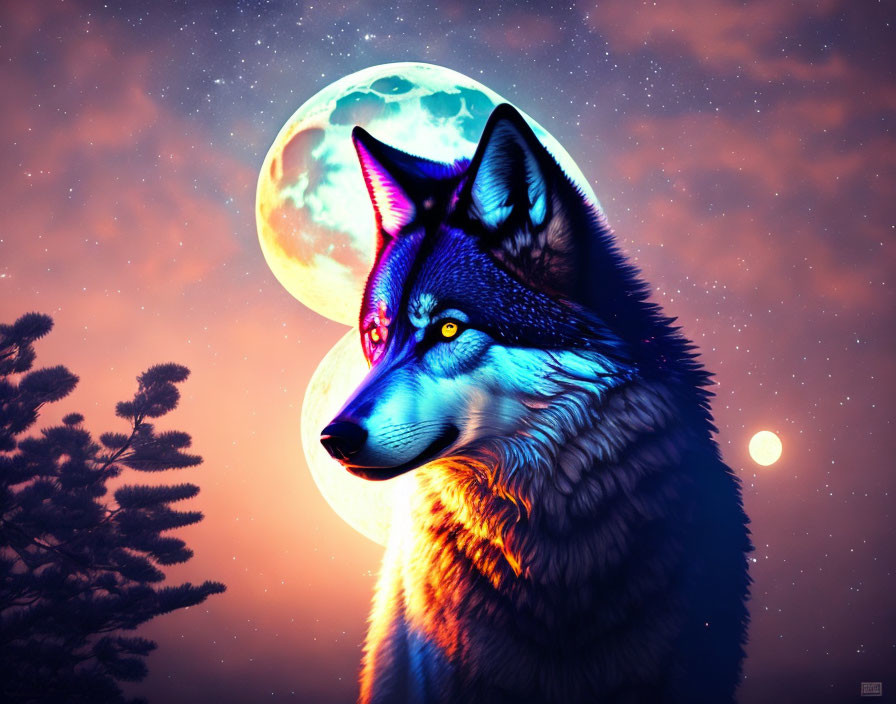 Colorful Wolf Standing Under Moon and Stars