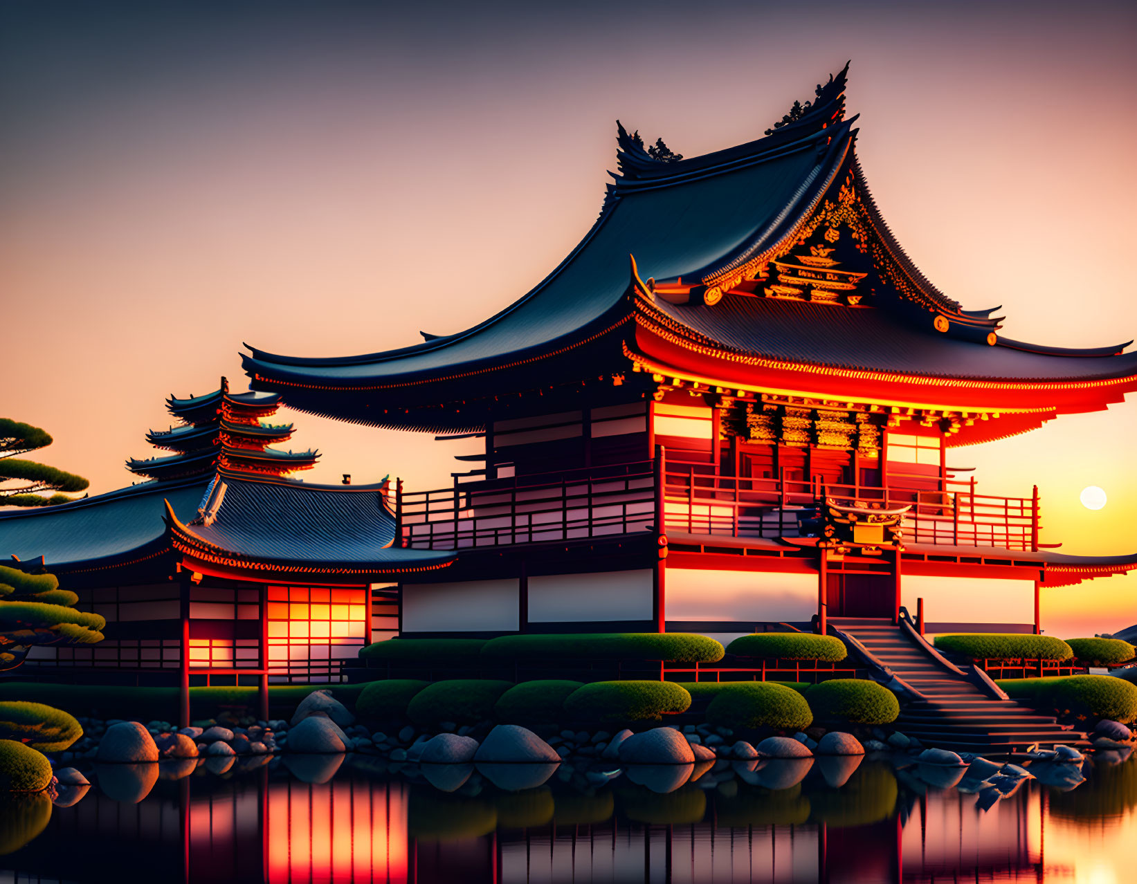 Japanese Temple with Vermilion Pagoda and Pond at Sunset