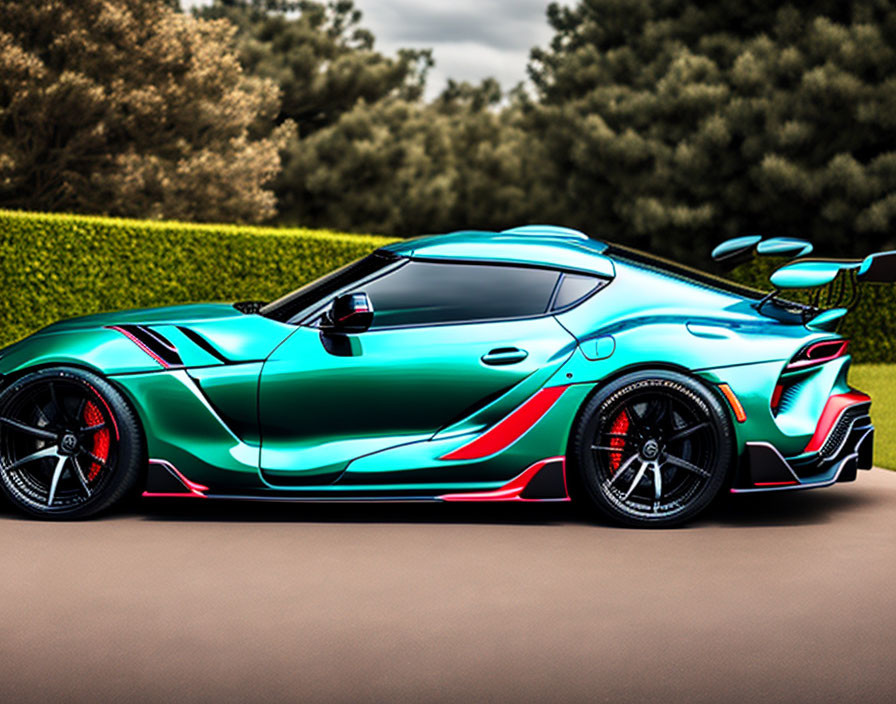 Vibrant teal sports car with red and white accents and aero bodywork