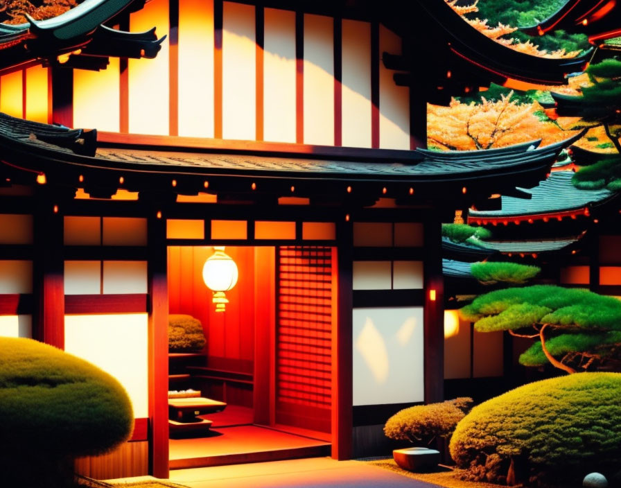 Japanese Architecture: Warm Lighting, Sliding Doors, Garden at Dusk