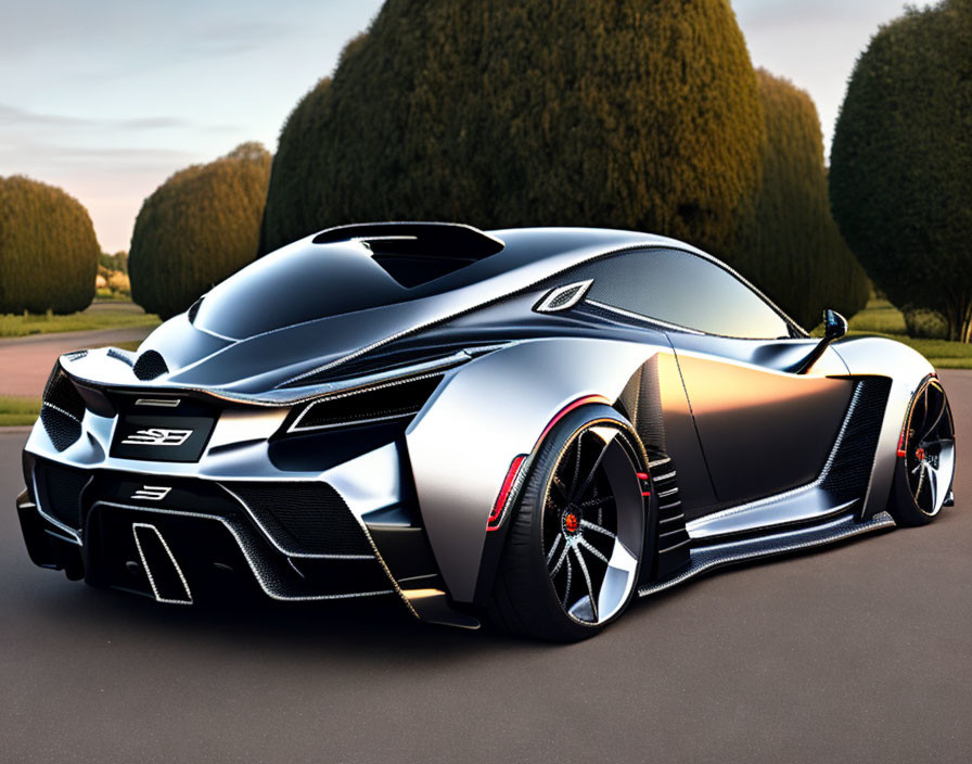 Black Sports Car with White and Red Trim Parked on Asphalt