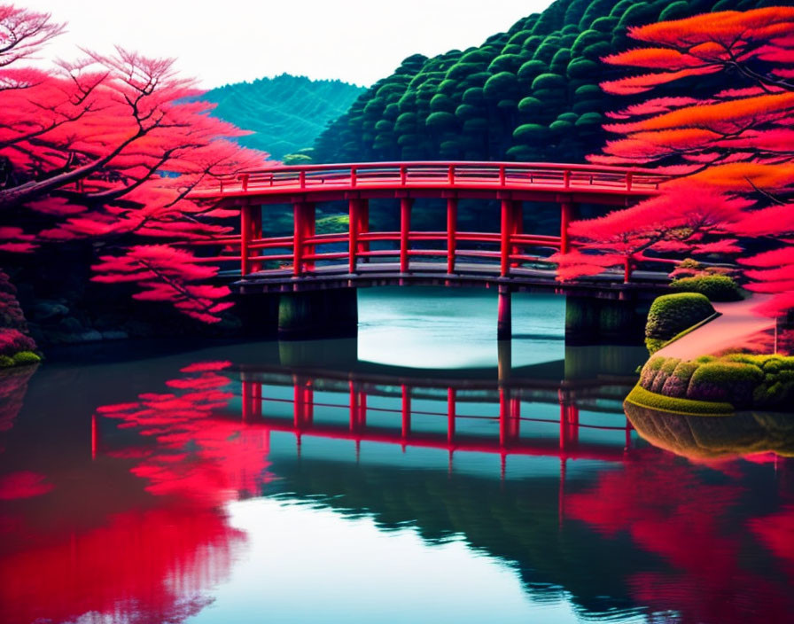 Red arched bridge over tranquil pond with lush trees and hilly backdrop