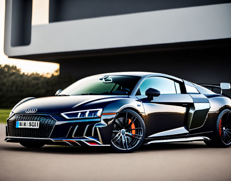 Black and Silver Audi Sports Car with Geometric Patterns Parked in Front of Modern Structure