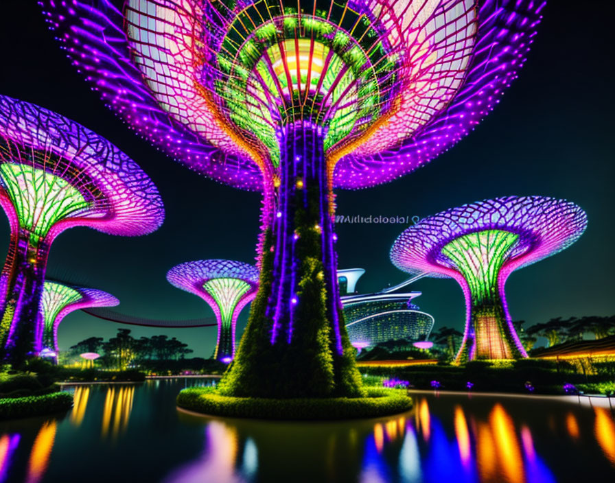 Nighttime tree-like structures illuminated in vibrant purple and pink lights reflected in water against a dark blue sky