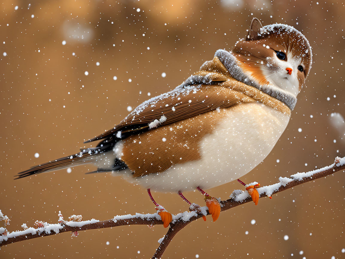 Bird and cat hybrid perched on snowy branch with falling snowflakes