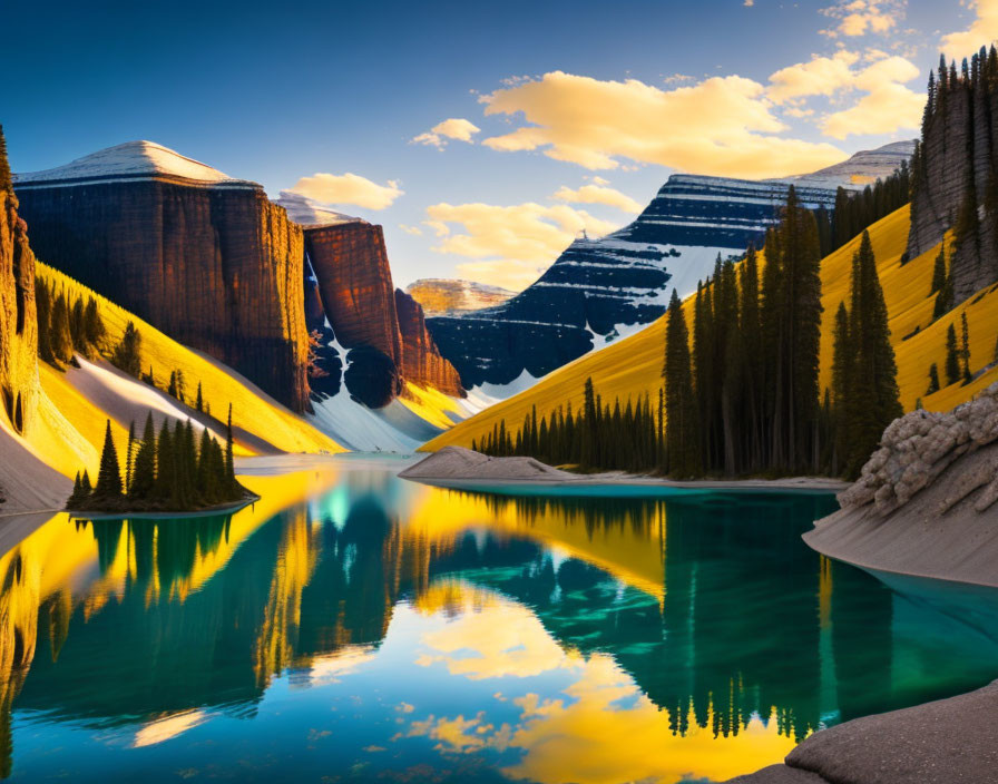 Tranquil Mountain Lake Sunset with Cliff Reflections