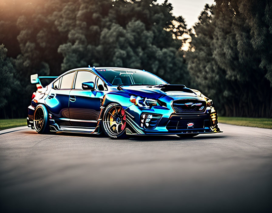 Custom Blue Painted Subaru WRX STI with Gold Rims and Body Kit Parked at D