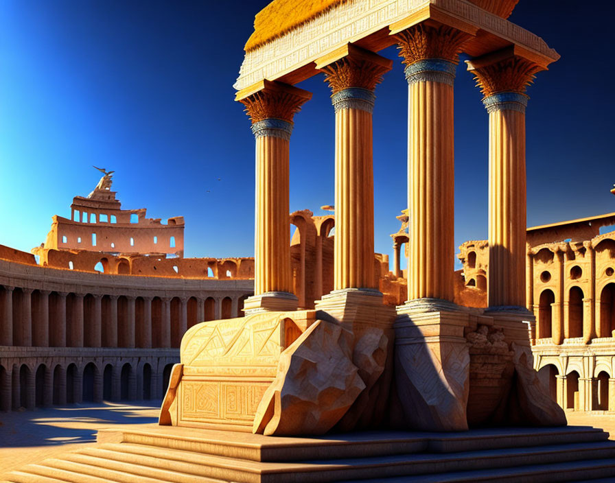 Ancient Roman architecture featuring columns, arches, and an arena under clear blue skies