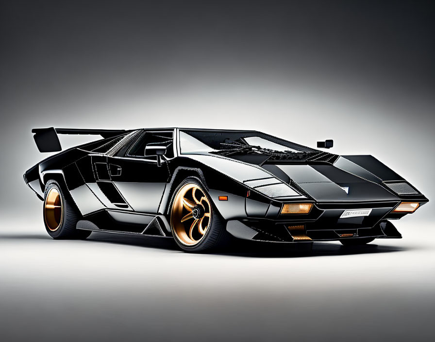 Black Lamborghini Countach with Gold Rims and Scissor Doors in Studio