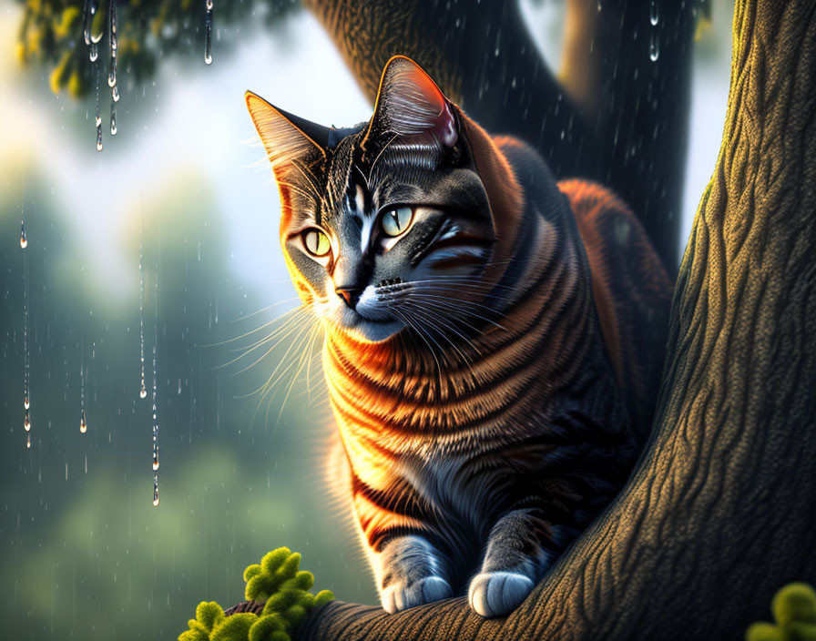 Striped cat with blue eyes on tree branch in rainy woodland.