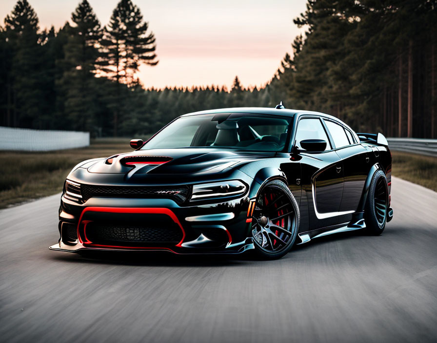 Black Sports Car with Red Accents and Large Rims on Asphalt Road at Dusk