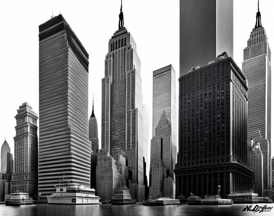 Monochrome New York City skyline with skyscrapers and ferry boat