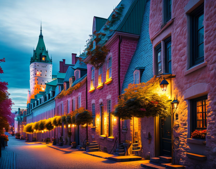 European-style cobblestone street at twilight with warm street lights and distant tower.