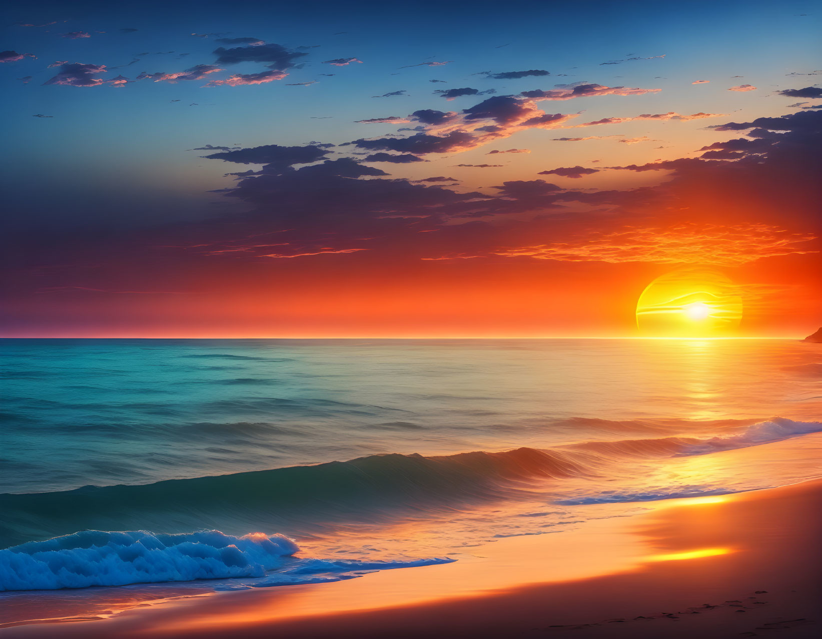 Tranquil Sunset Beach Scene with Vibrant Skies and Setting Sun