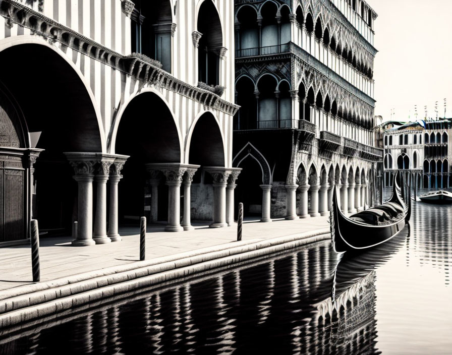 Monochrome photograph: Serene Venetian architecture with gondola