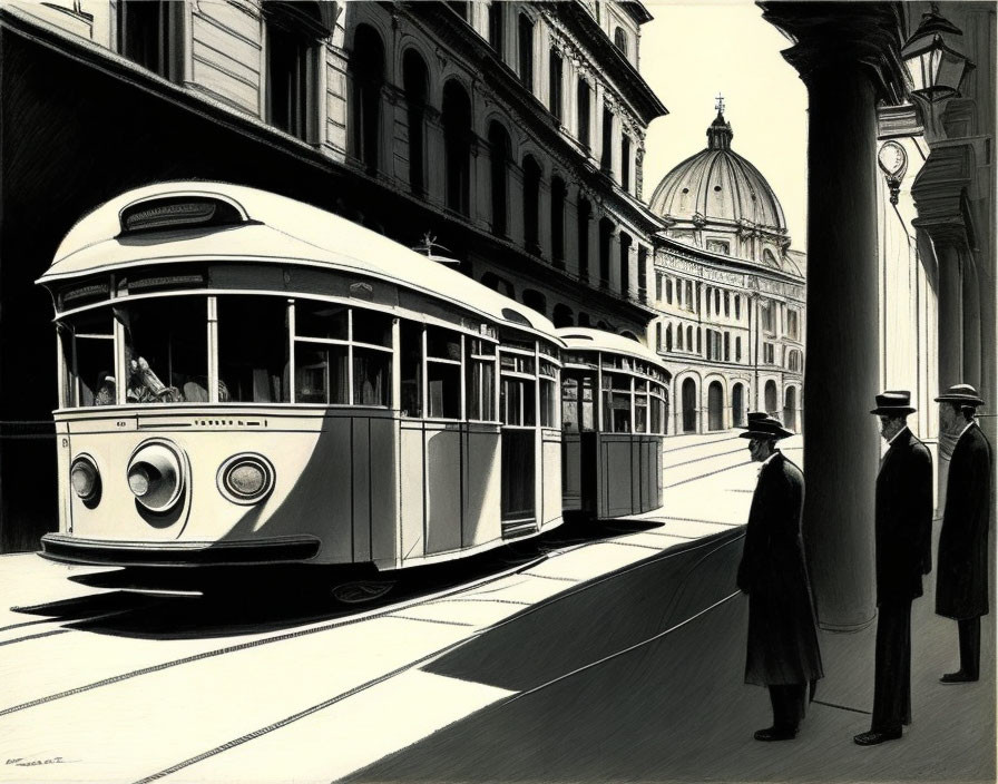 Vintage tram in urban setting with classical architecture and pedestrians in formal attire