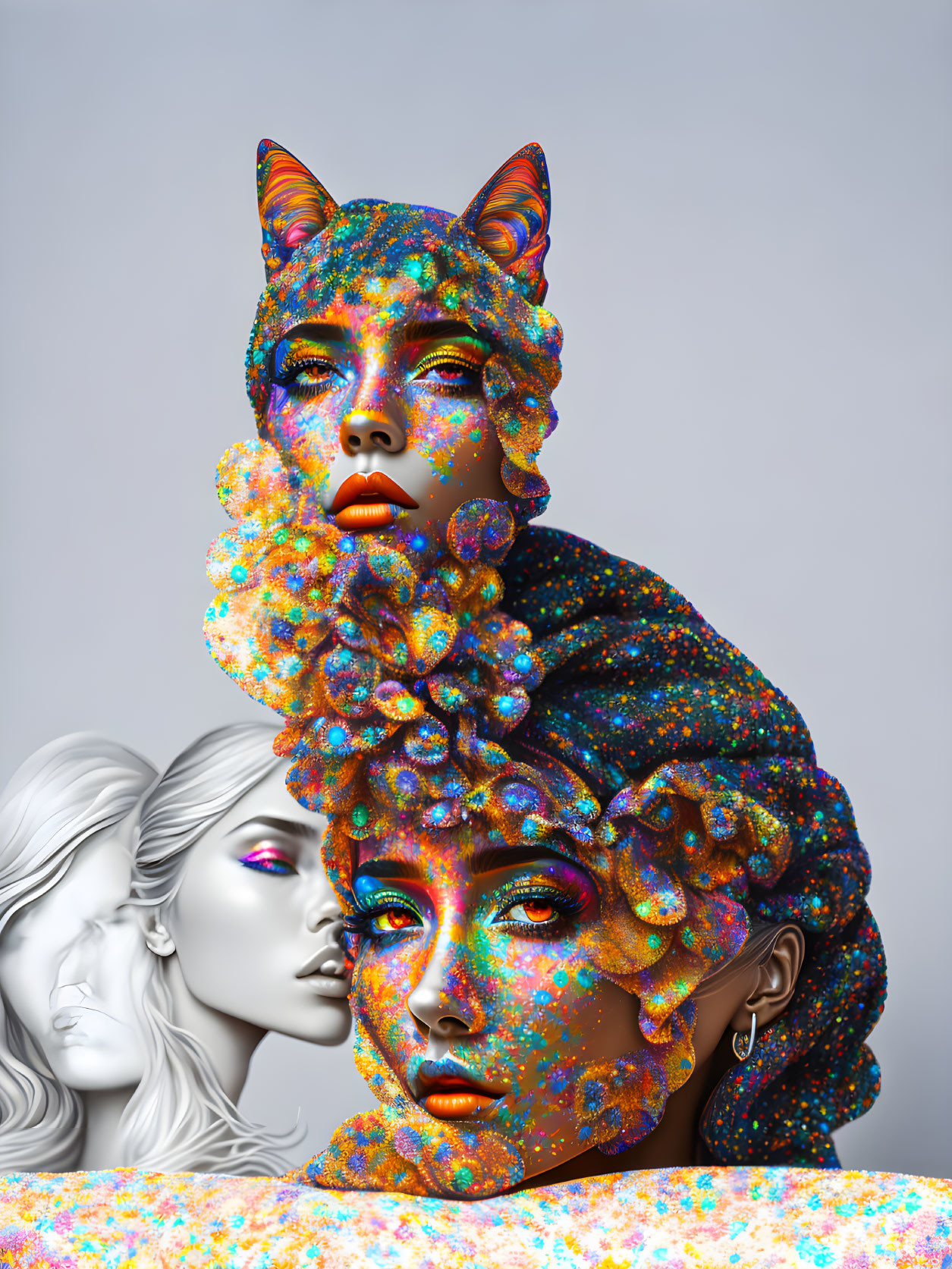 Colorful digital artwork: Stacked faces with diverse expressions and fox head, glittery textures