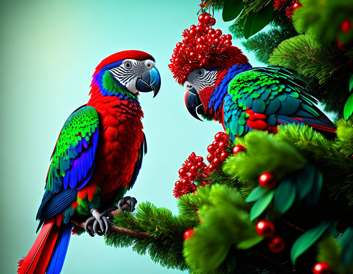 Colorful Macaws Perched on Branch with Green Leaves and Red Berries