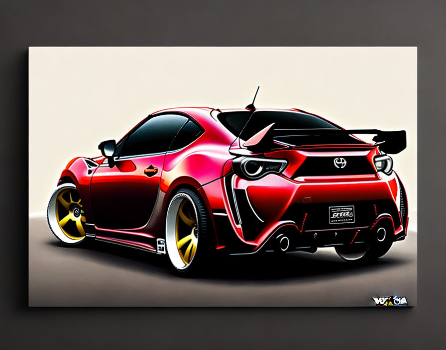 Modified Toyota sports car with aerodynamic body kit and yellow rims