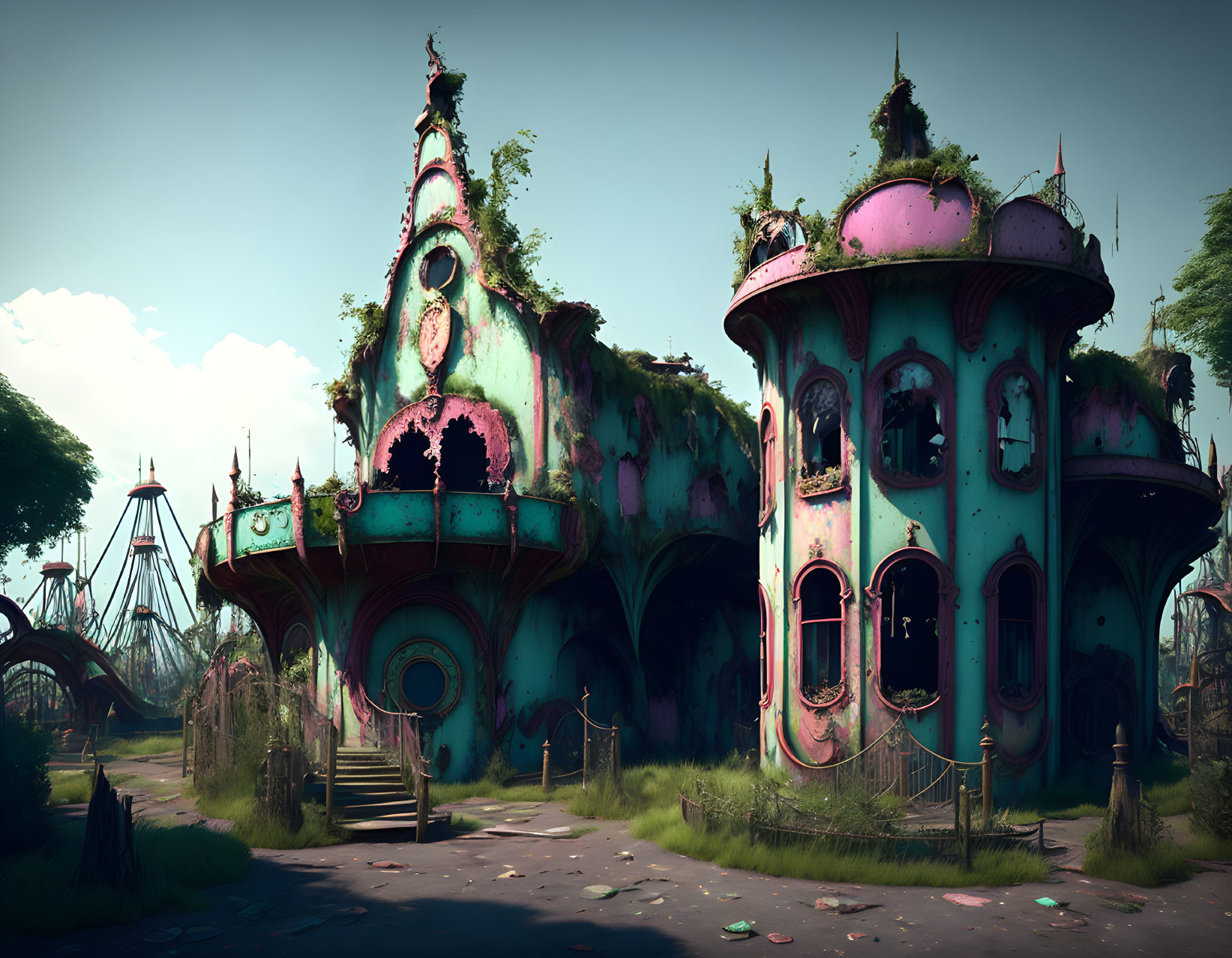 Abandoned amusement park with moss-covered buildings