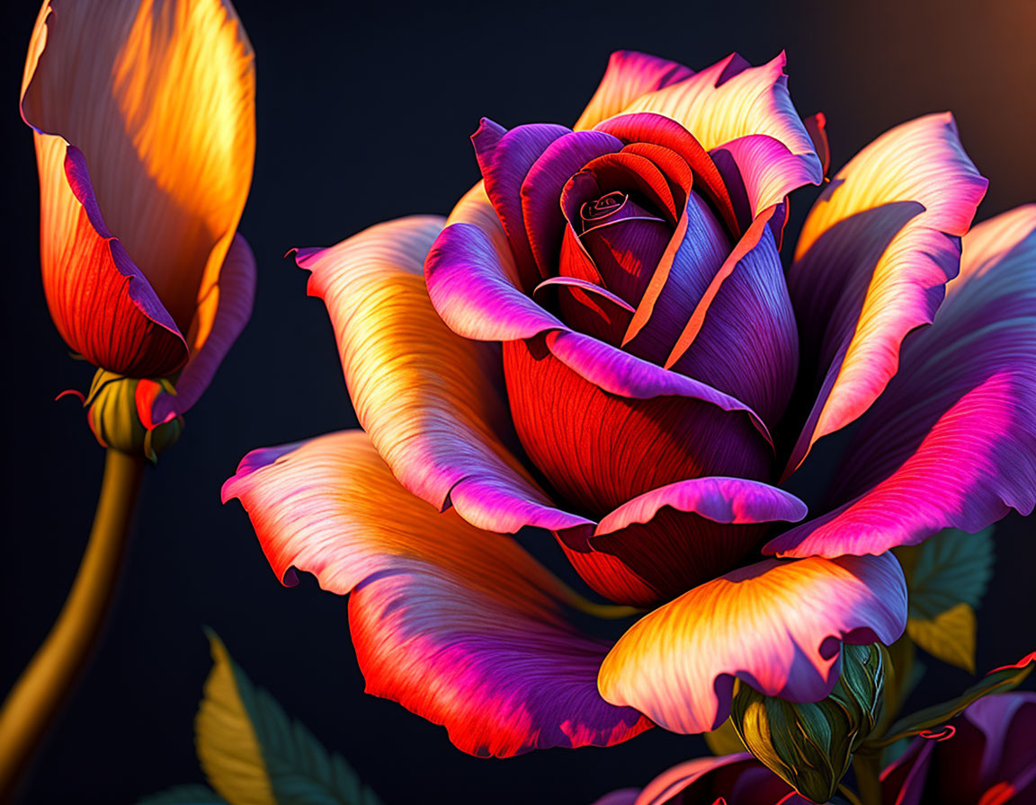 Colorful digital rose art with yellow to red gradient on dark backdrop