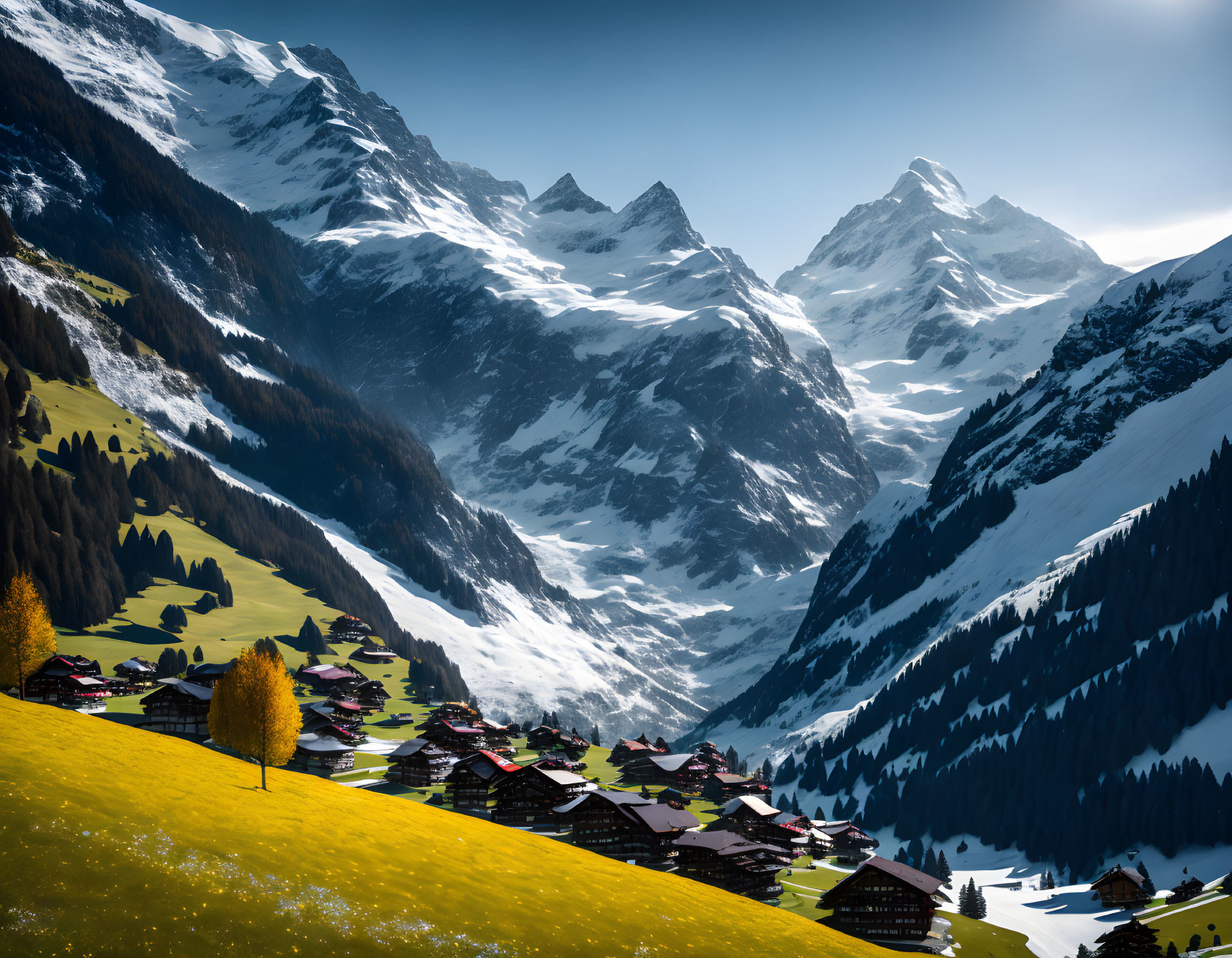 Scenic Alpine village with chalets and snowy peaks