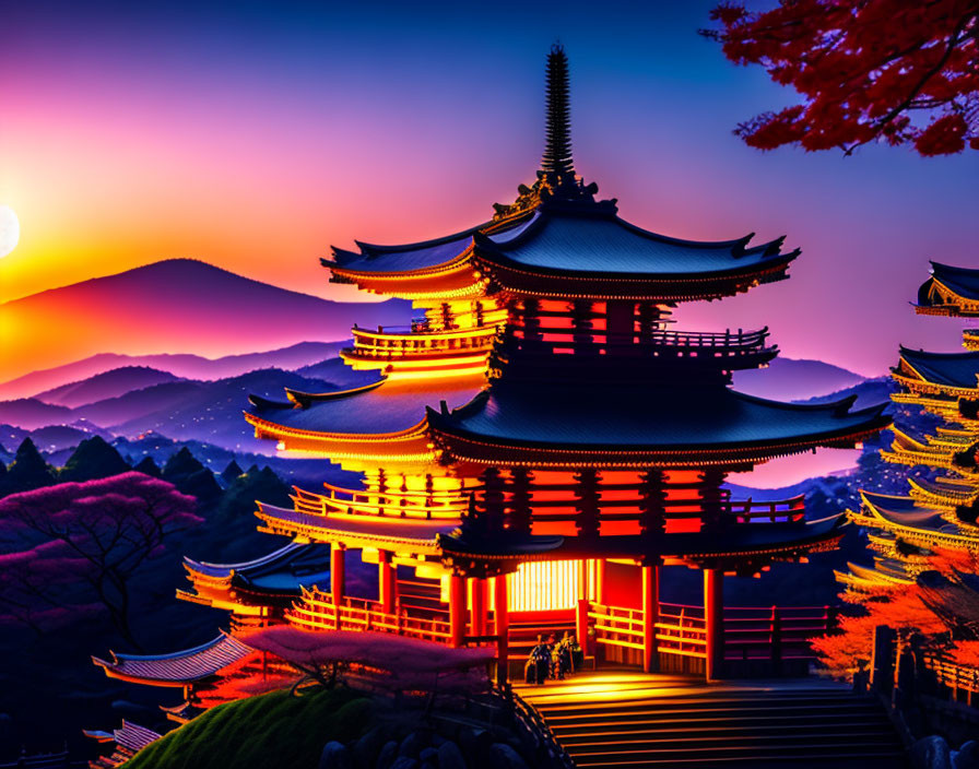 Japanese pagoda illuminated at dusk with mountain sunset and autumn foliage