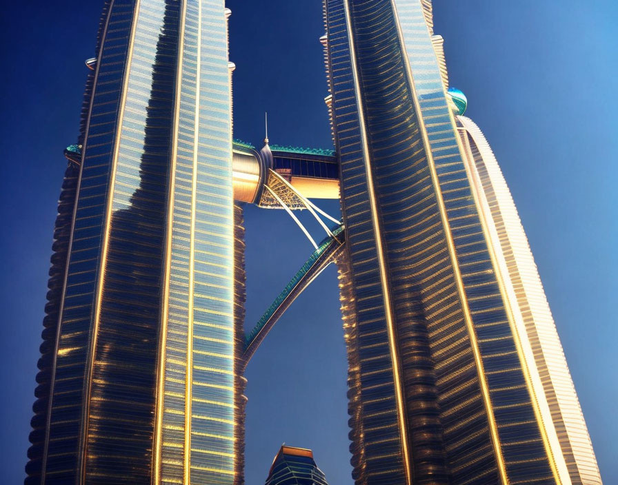 Tall skyscrapers linked by skybridge under blue sky