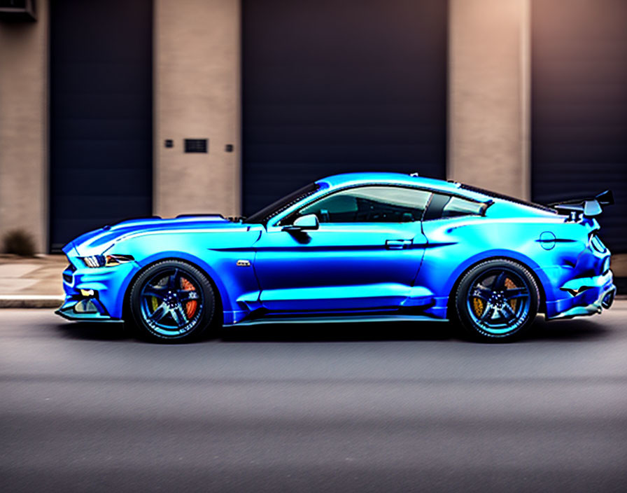 Metallic blue sports car with black wheels and rear spoiler parked by building