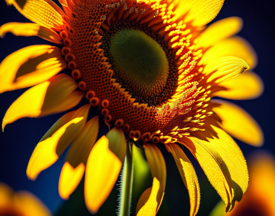 Vibrant sunflower close-up on dark blue background