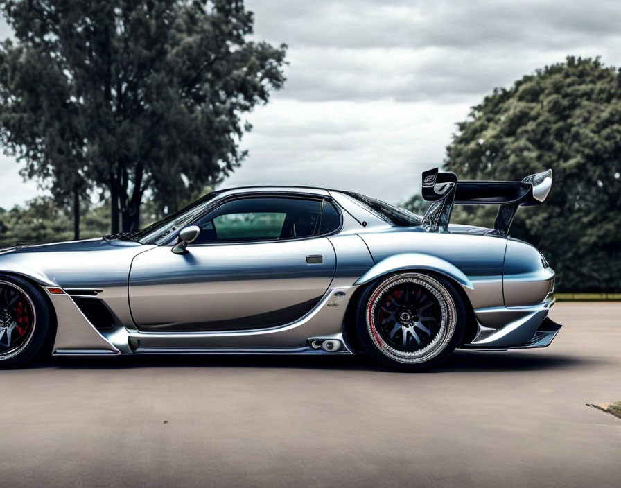 Silver sports car with large spoiler and custom body kit parked outdoors