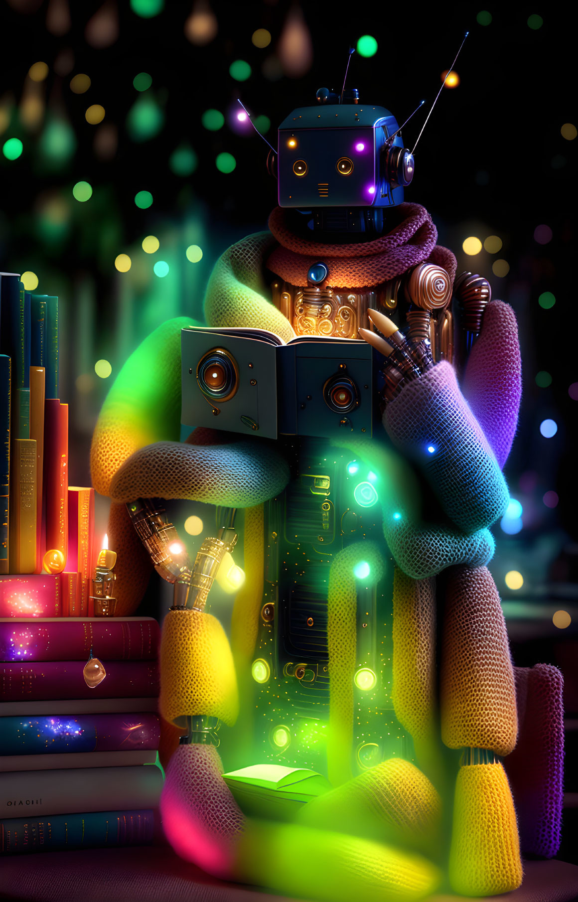 Colorful cozy robot with scarf among books and glowing light bulb