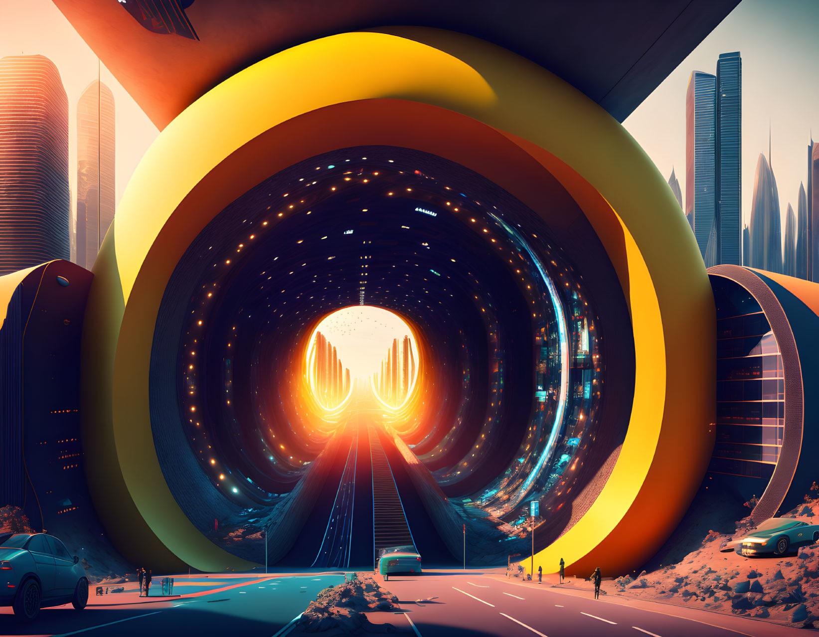 Colorful concentric ringed tunnel in futuristic cityscape at dusk