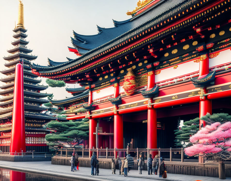 Traditional Japanese temple with five-tiered pagoda, cherry blossom tree, and visitors.