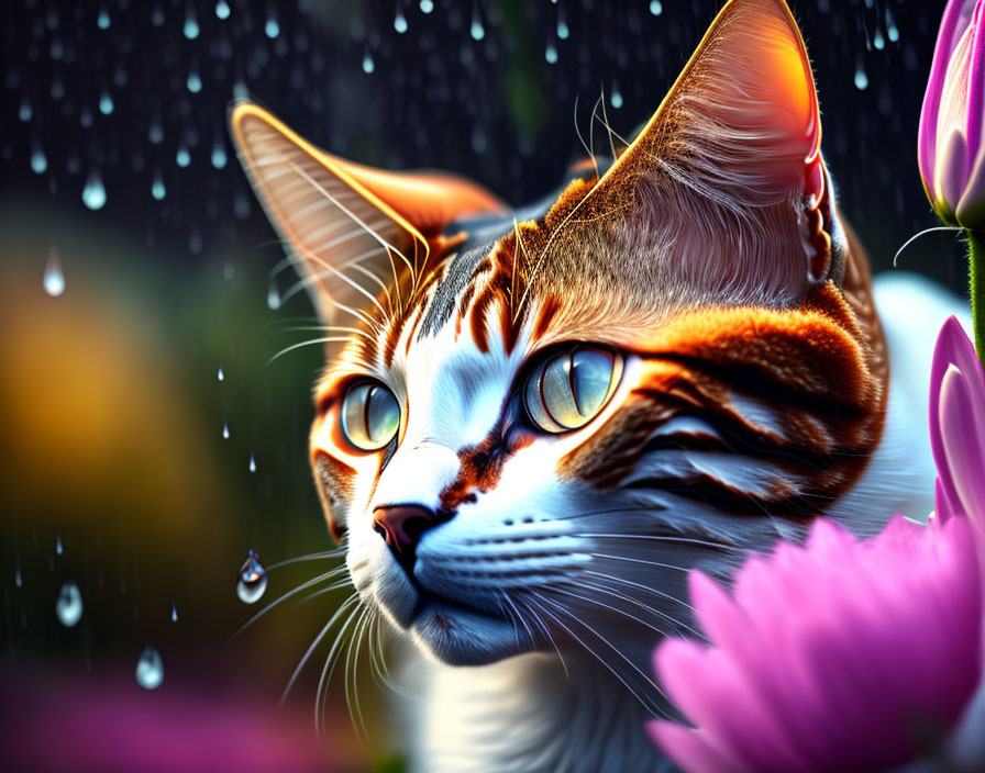 Colorful Cat Illustration with Detailed Eyes, Flowers, and Water Droplets