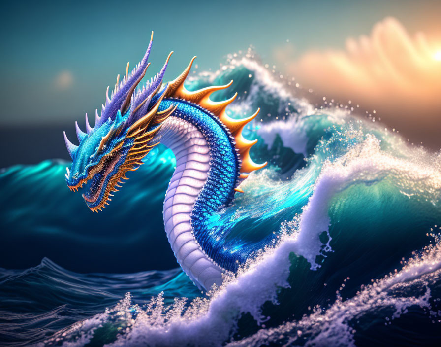 Blue Dragon with Orange Fins Emerges from Ocean Waves at Sunset