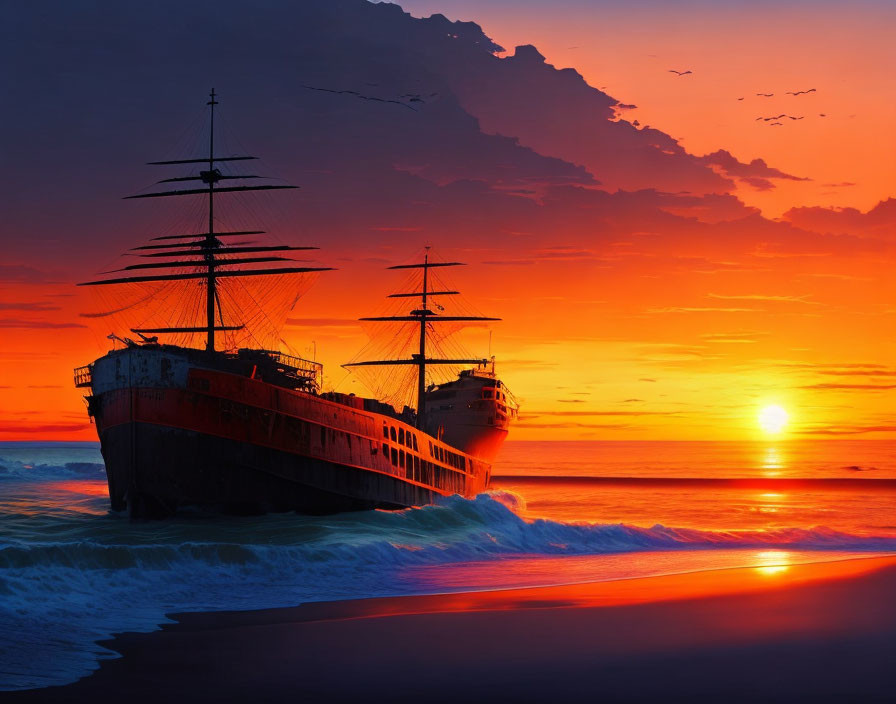 Beached tall ship at sunset with crashing waves