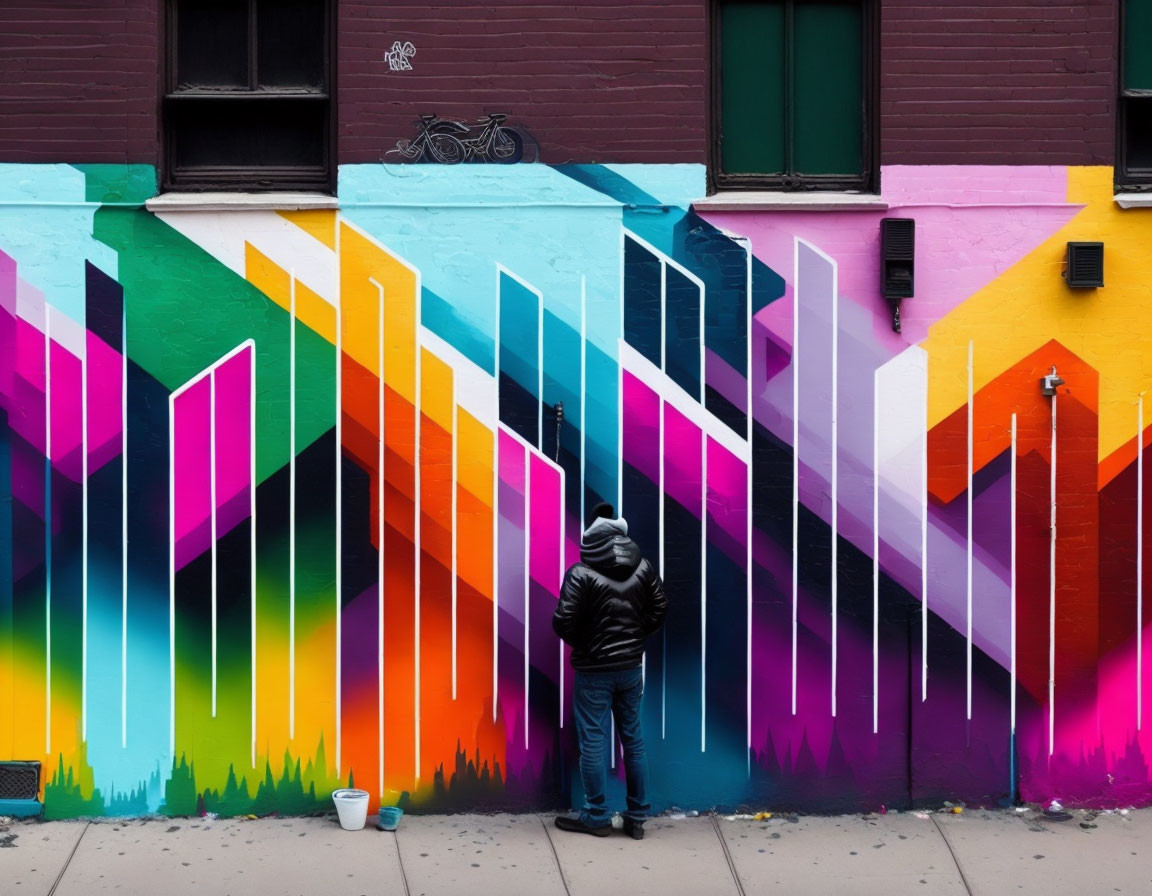 Vibrant abstract mural with sharp geometric shapes on urban wall