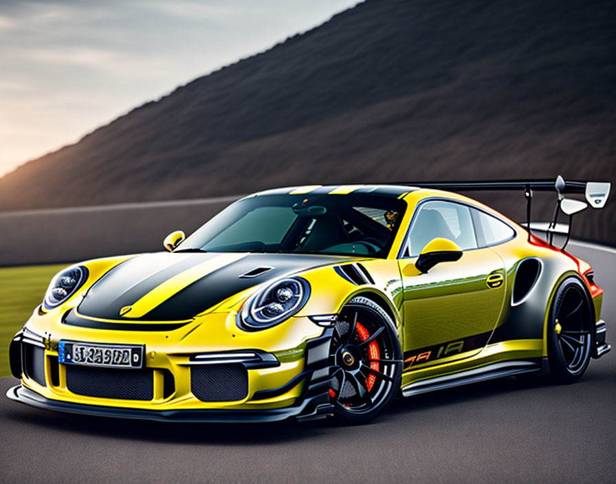 Yellow Porsche 911 with Black Racing Stripes on Track at Dusk