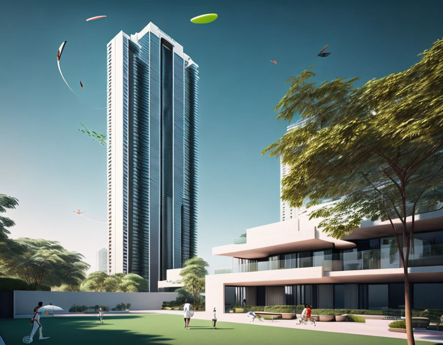 Tall skyscraper overlooks park with people and flying discs