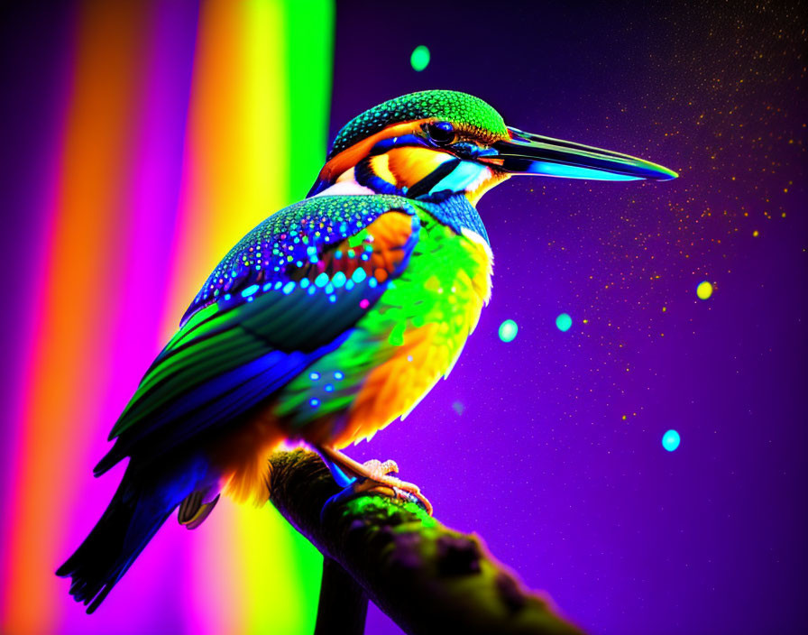 Colorful Kingfisher Perched on Branch with Psychedelic Background