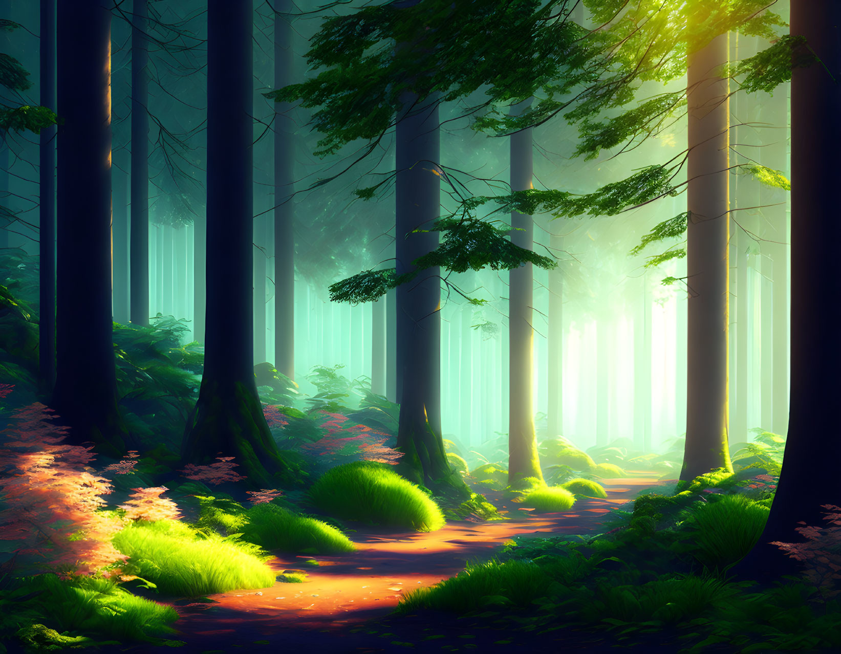 Misty forest scene with tall trees and sunbeams illuminating a mossy path