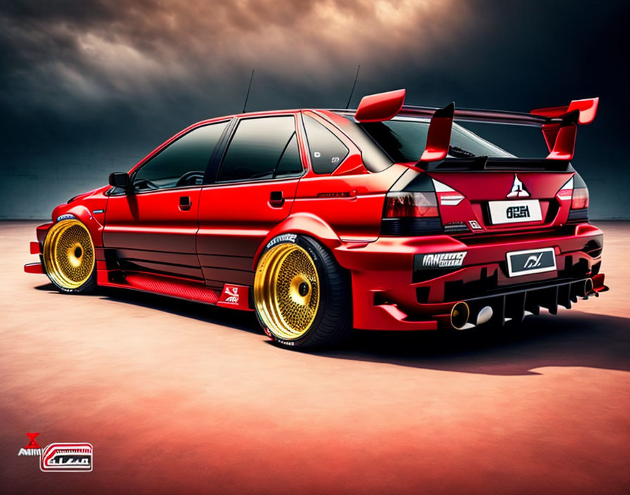 Sporty Red Mitsubishi Lancer Evolution with Large Rear Wing and Gold Rims on Stormy Sky Background