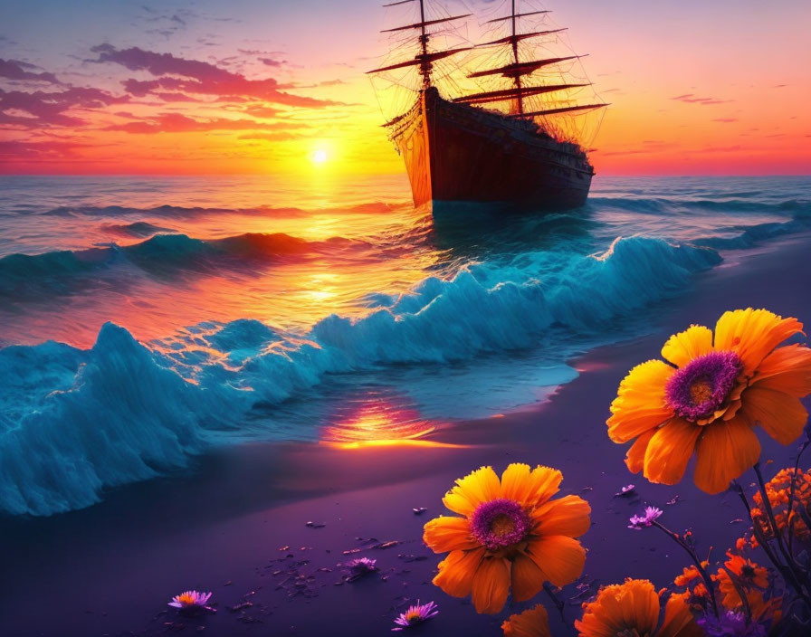 Vibrant sunset at sea with crashing waves, tall ship silhouette, and orange flowers on sandy shore