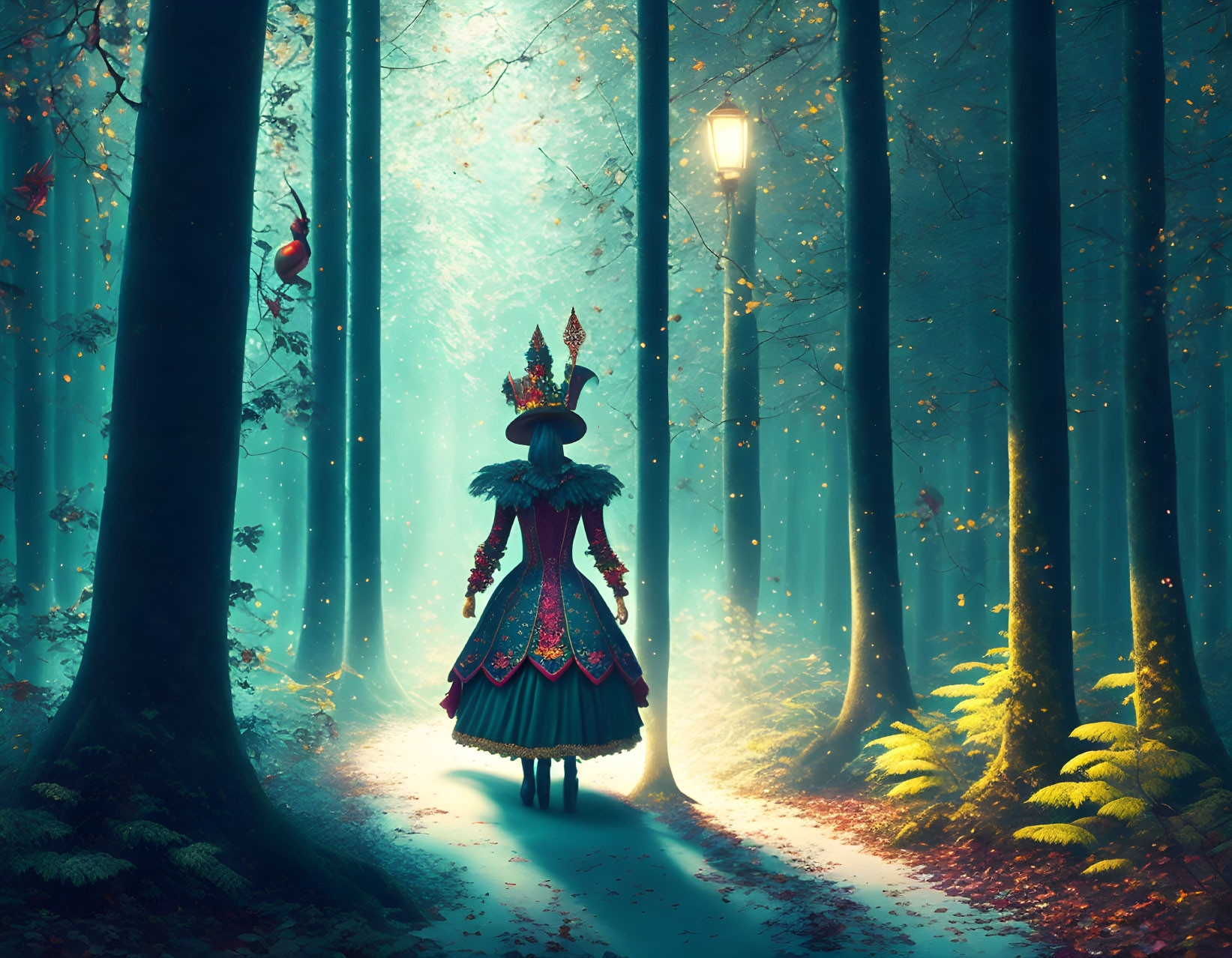 Elaborate costume with tall headdress in mystical forest path